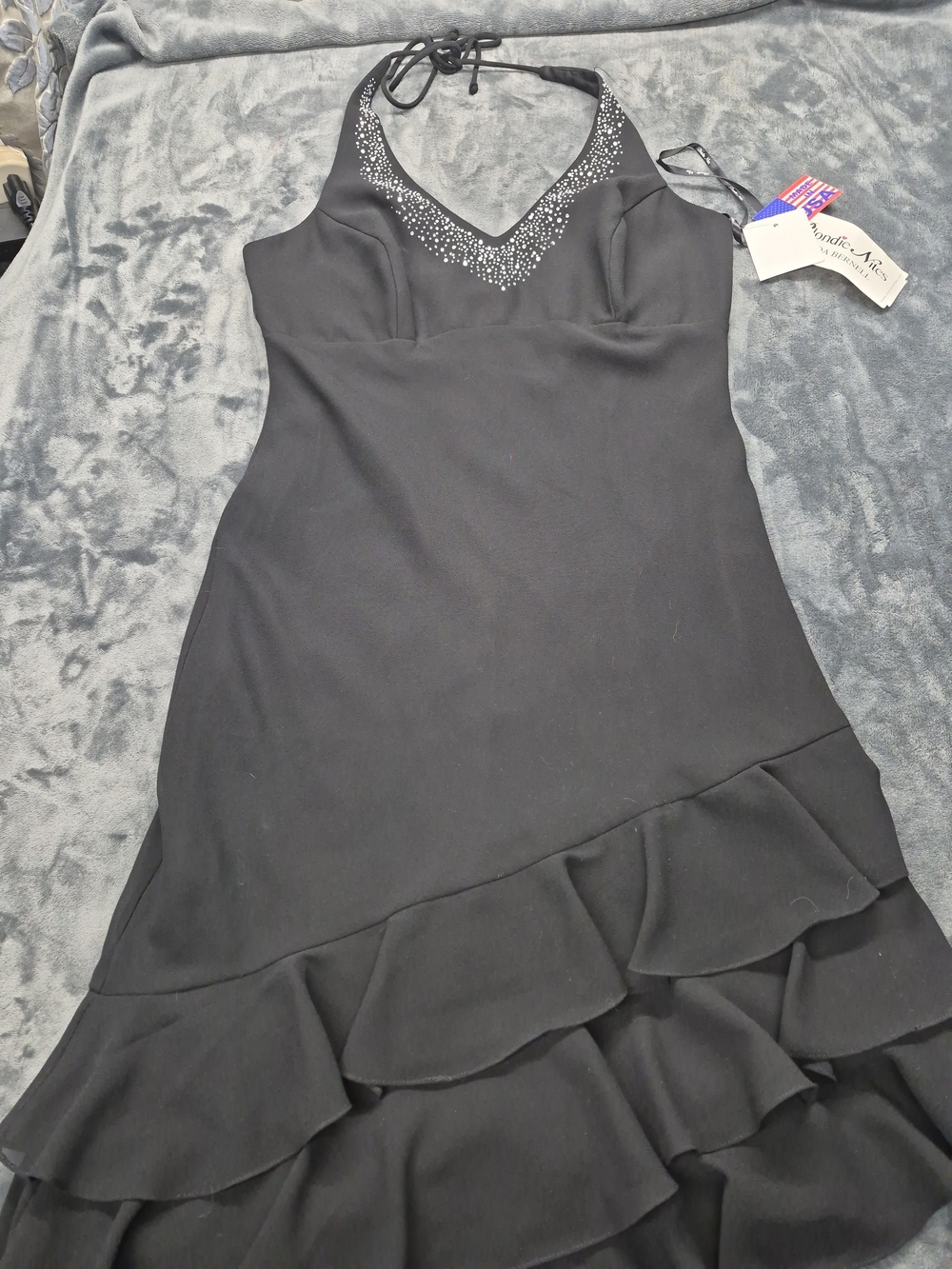 Blondie Nites black cocktail dress halter neckline embellished Rhinestone  Sz 13